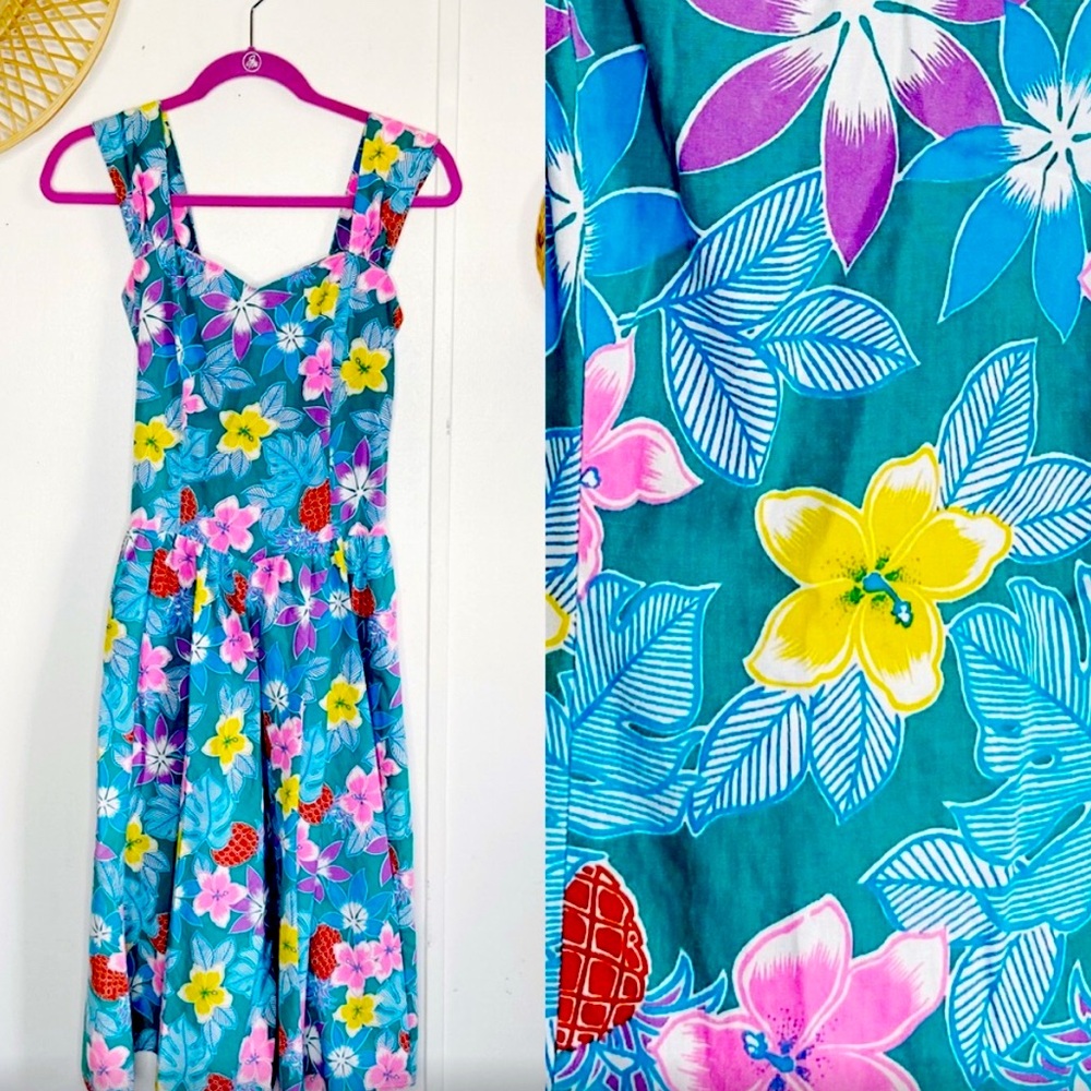 Vintage 80s Hawaiian Tiki Floral Pinup Rockabilly Swing Dress